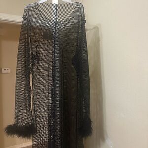 Elegant Black Mesh Robe with Feather Trim